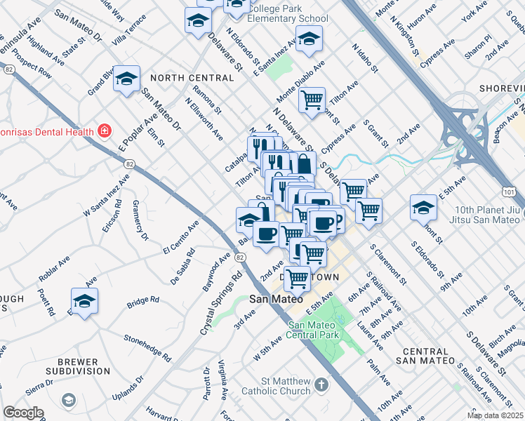 map of restaurants, bars, coffee shops, grocery stores, and more near 22 North San Mateo Drive in San Mateo