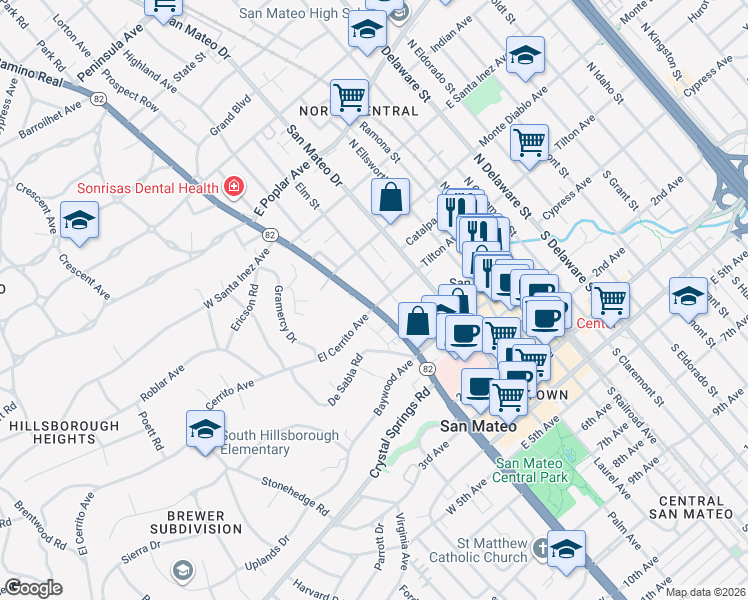 map of restaurants, bars, coffee shops, grocery stores, and more near 85 Tilton Avenue in San Mateo