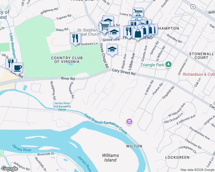 map of restaurants, bars, coffee shops, grocery stores, and more near 15 Rio Vista Lane in Richmond