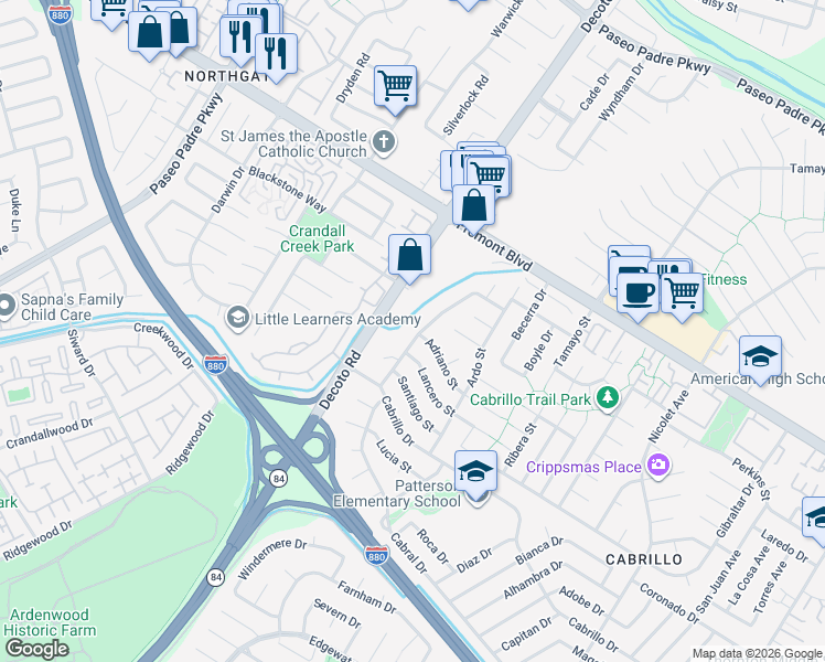 map of restaurants, bars, coffee shops, grocery stores, and more near 4261 Vincente Street in Fremont