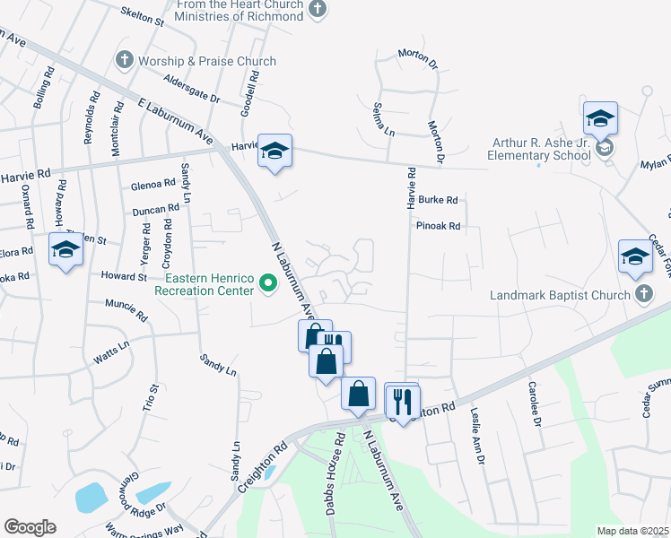 map of restaurants, bars, coffee shops, grocery stores, and more near 3401 Prince David Drive in Richmond