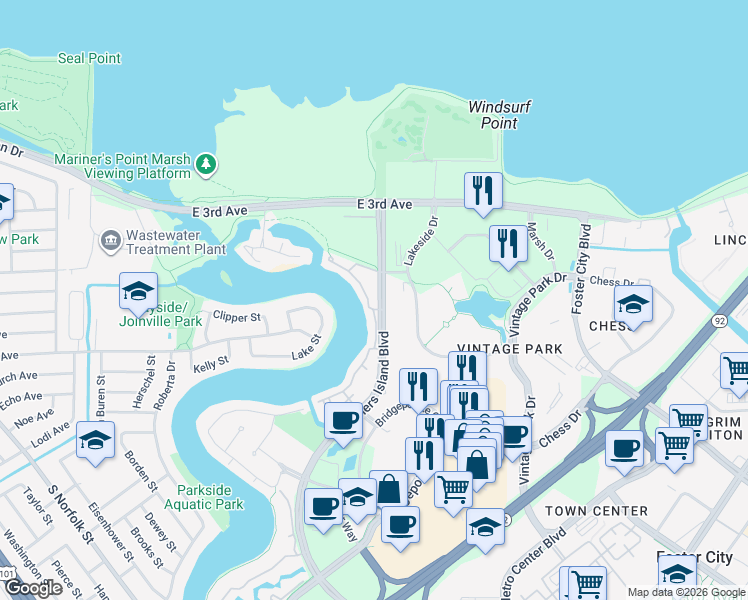 map of restaurants, bars, coffee shops, grocery stores, and more near 490 Mariners Island Boulevard in San Mateo