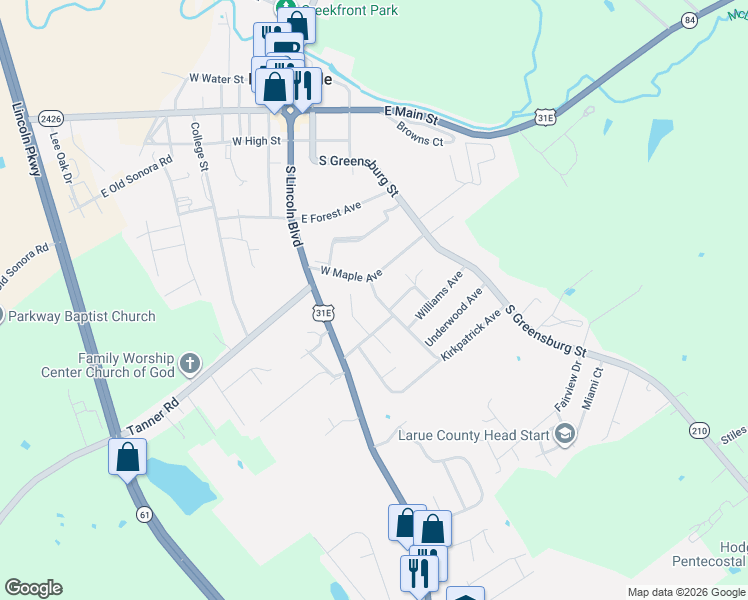 map of restaurants, bars, coffee shops, grocery stores, and more near 505 Kirkpatrick Avenue in Hodgenville