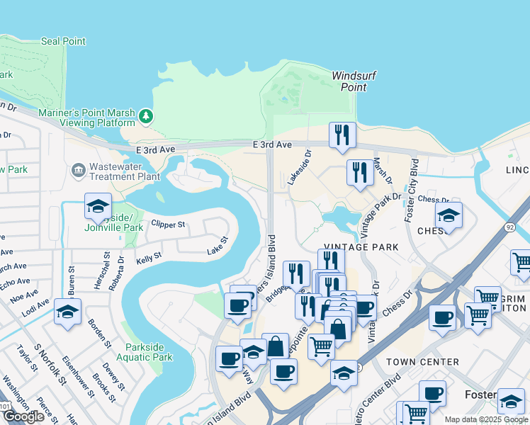 map of restaurants, bars, coffee shops, grocery stores, and more near 490 Mariners Island Boulevard in San Mateo