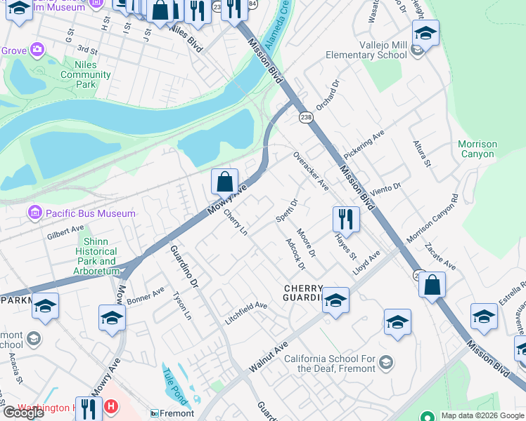 map of restaurants, bars, coffee shops, grocery stores, and more near 38583 Royal Ann Common in Fremont
