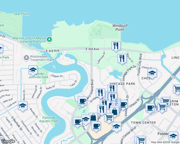 map of restaurants, bars, coffee shops, grocery stores, and more near 490 Mariners Island Boulevard in San Mateo