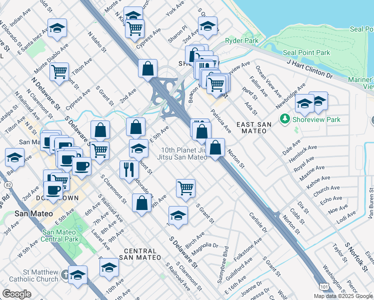 map of restaurants, bars, coffee shops, grocery stores, and more near 1031 7th Avenue in San Mateo