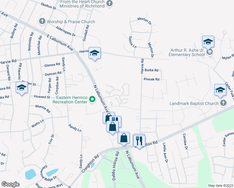 map of restaurants, bars, coffee shops, grocery stores, and more near 3601 Kings Point Court in Richmond