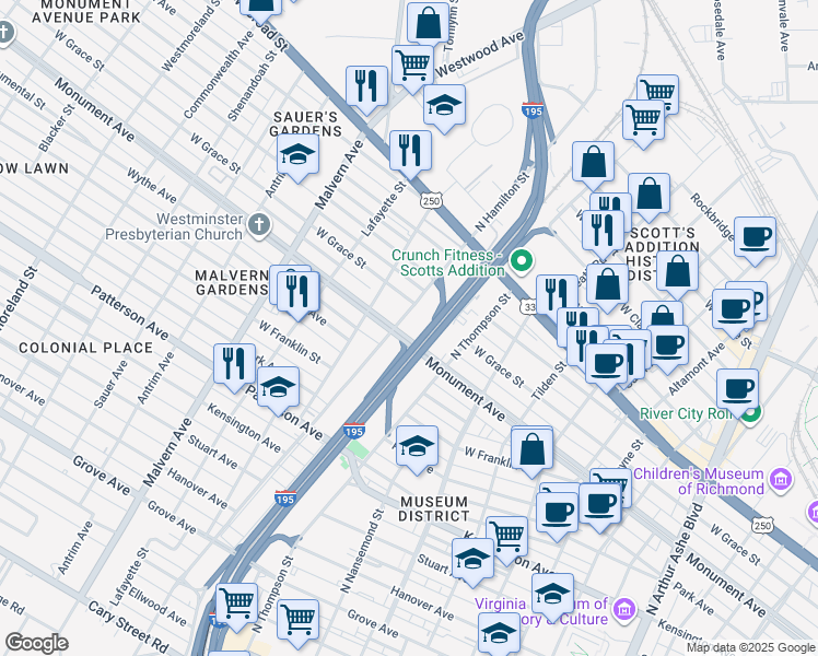 map of restaurants, bars, coffee shops, grocery stores, and more near 3806 Monument Avenue in Richmond