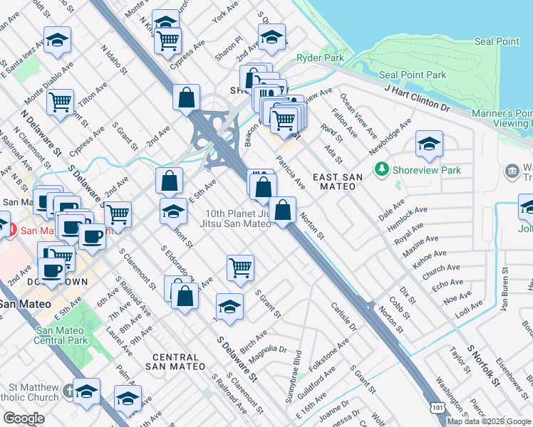 map of restaurants, bars, coffee shops, grocery stores, and more near 724 South Amphlett Boulevard in San Mateo