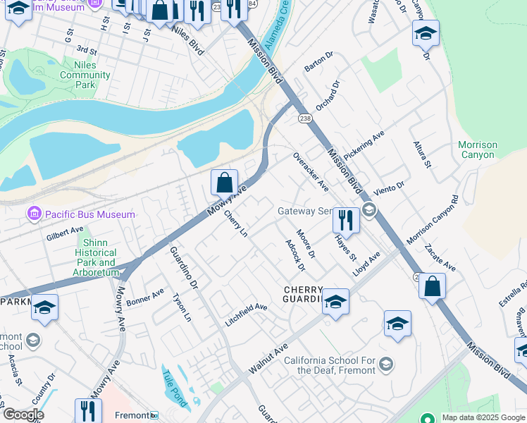 map of restaurants, bars, coffee shops, grocery stores, and more near 38583 Royal Ann Common in Fremont