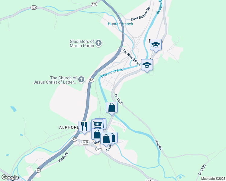 map of restaurants, bars, coffee shops, grocery stores, and more near Hite Road in Martin