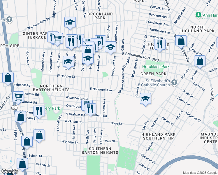 map of restaurants, bars, coffee shops, grocery stores, and more near 2704 Woodrow Avenue in Richmond