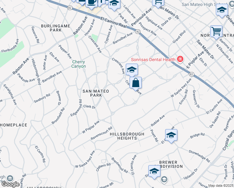 map of restaurants, bars, coffee shops, grocery stores, and more near 310 West Bellevue Avenue in San Mateo