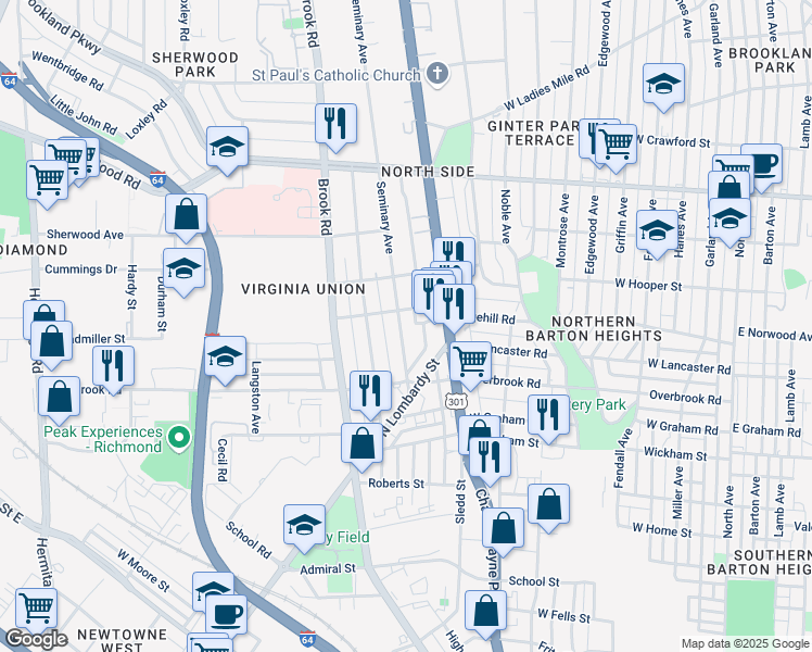 map of restaurants, bars, coffee shops, grocery stores, and more near 2617 Seminary Avenue in Richmond