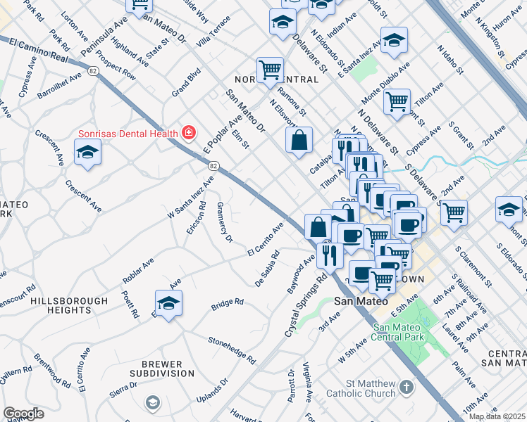 map of restaurants, bars, coffee shops, grocery stores, and more near 145 North El Camino Real in San Mateo