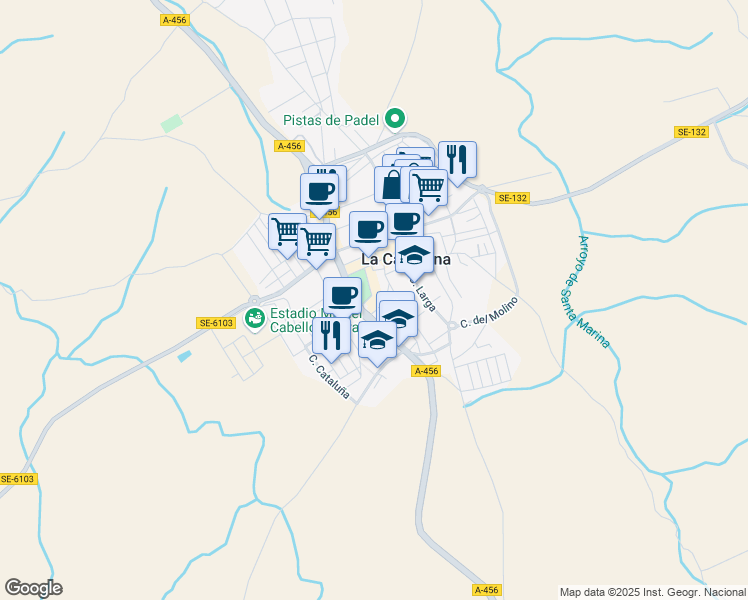 map of restaurants, bars, coffee shops, grocery stores, and more near 17 Plaza Antonio Machado in La Campana