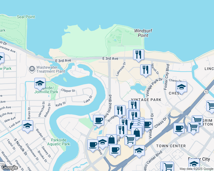 map of restaurants, bars, coffee shops, grocery stores, and more near 490 Mariners Island Boulevard in San Mateo