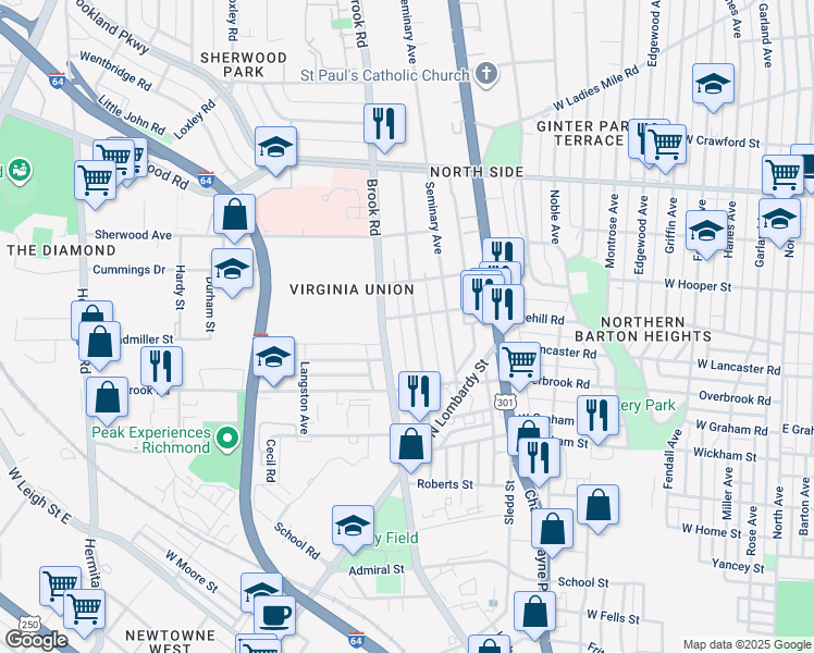 map of restaurants, bars, coffee shops, grocery stores, and more near 2618 Northumberland Avenue in Richmond