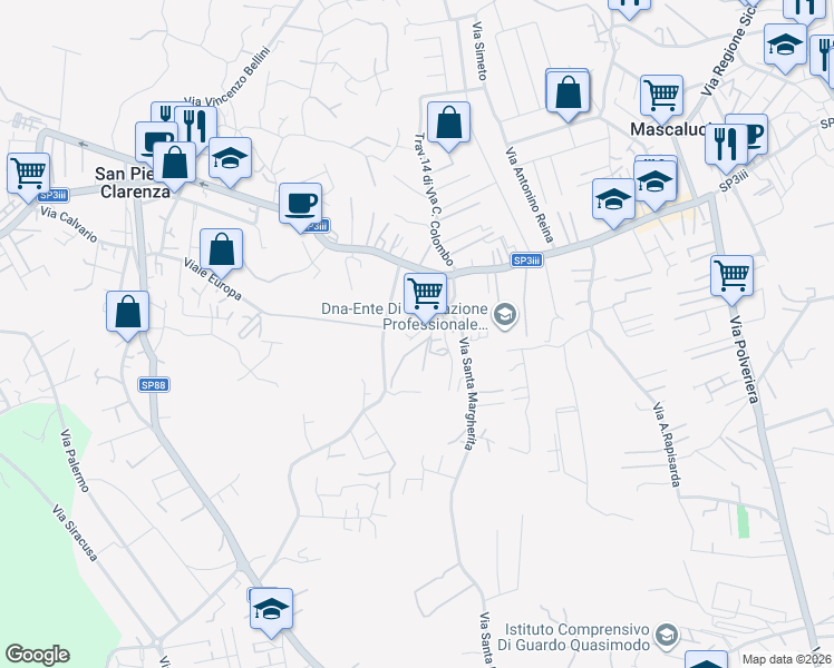 map of restaurants, bars, coffee shops, grocery stores, and more near 1 Via Monteverde in Mascalucia