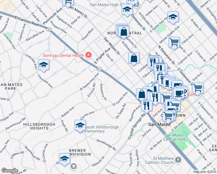 map of restaurants, bars, coffee shops, grocery stores, and more near 30 Mounds Road in San Mateo