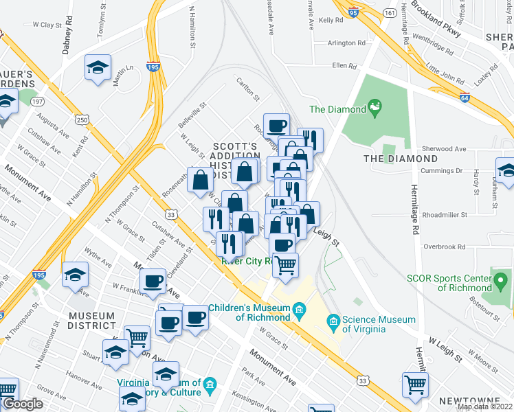map of restaurants, bars, coffee shops, grocery stores, and more near 3034 West Leigh Street in Richmond
