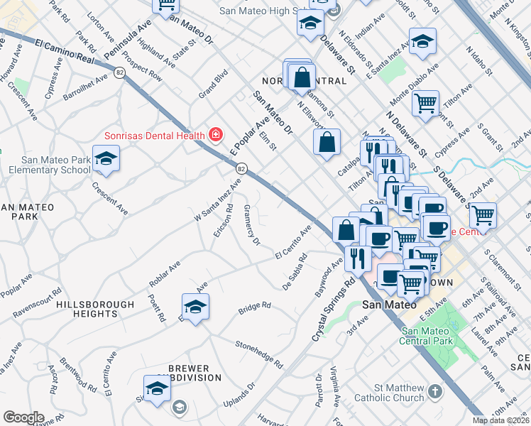 map of restaurants, bars, coffee shops, grocery stores, and more near 30 Mounds Road in San Mateo