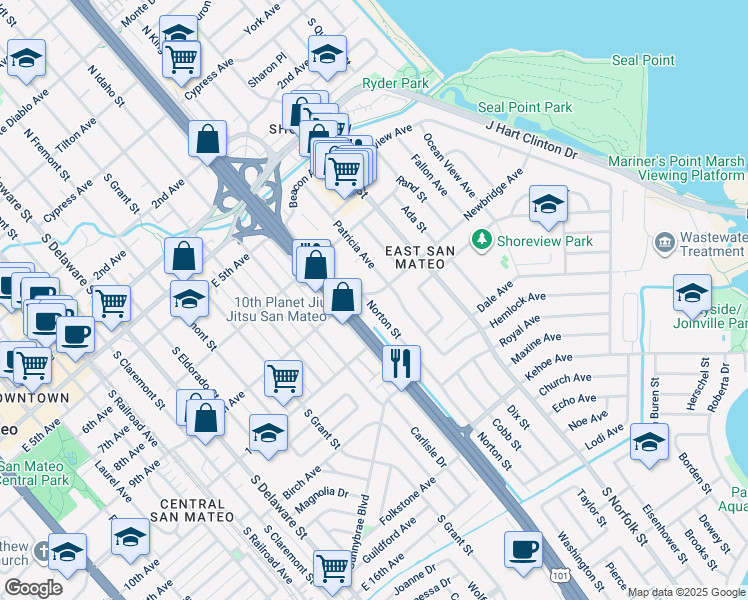 map of restaurants, bars, coffee shops, grocery stores, and more near 1308 Newbridge Avenue in San Mateo