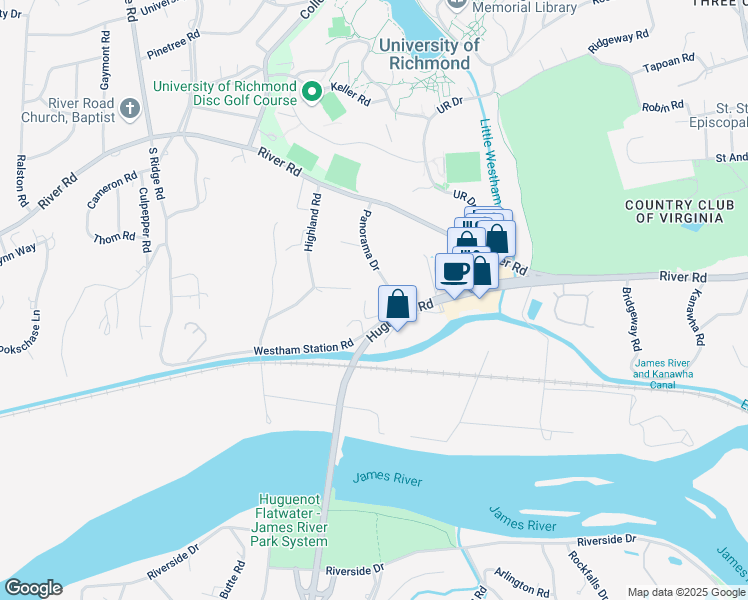map of restaurants, bars, coffee shops, grocery stores, and more near 6500 Westham Station Road in Henrico