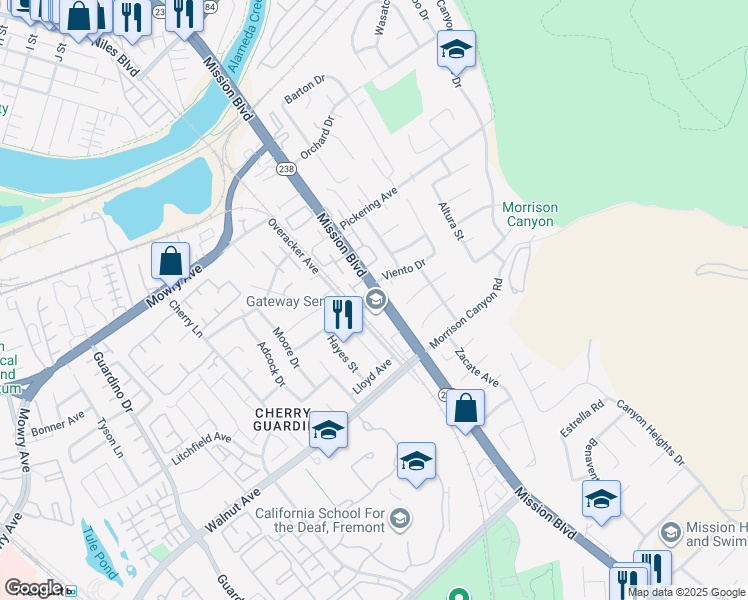 map of restaurants, bars, coffee shops, grocery stores, and more near 89 Catania Common in Fremont
