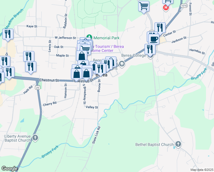 map of restaurants, bars, coffee shops, grocery stores, and more near 106 Pearl Street in Berea