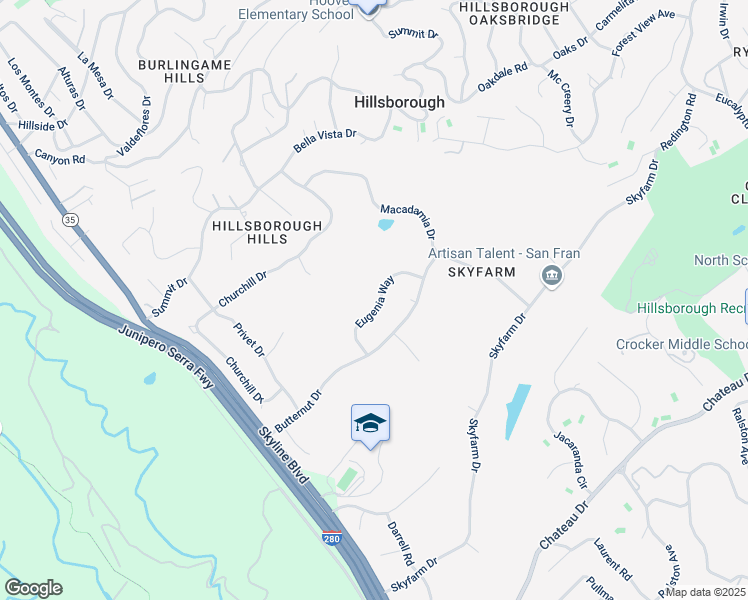 map of restaurants, bars, coffee shops, grocery stores, and more near 46 Eugenia Way in Hillsborough
