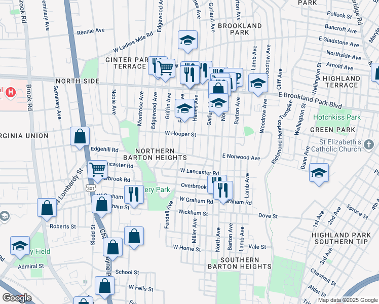 map of restaurants, bars, coffee shops, grocery stores, and more near 2700 Hanes Avenue in Richmond