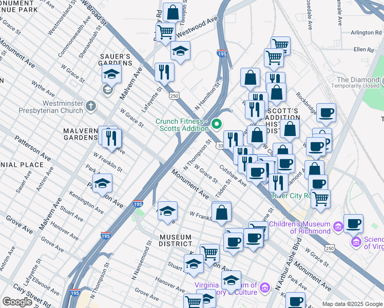 map of restaurants, bars, coffee shops, grocery stores, and more near 1004 North Thompson Street in Richmond