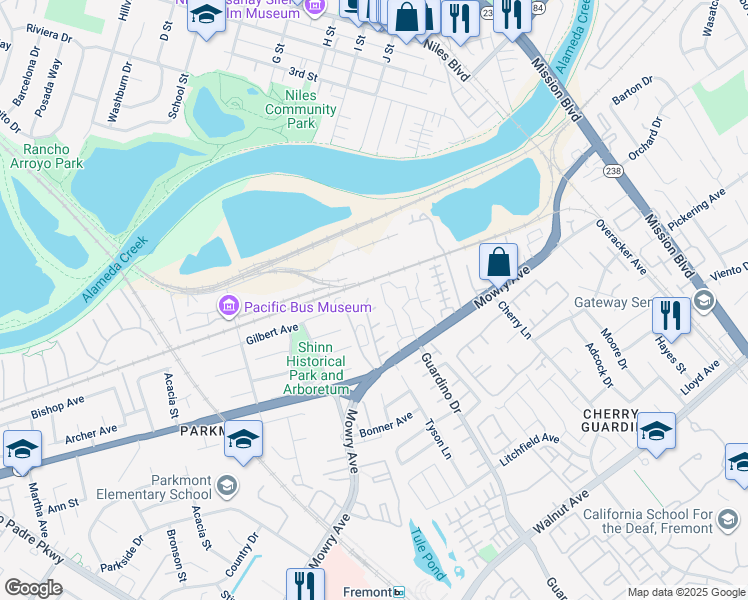 map of restaurants, bars, coffee shops, grocery stores, and more near 919 Mowry Avenue in Fremont