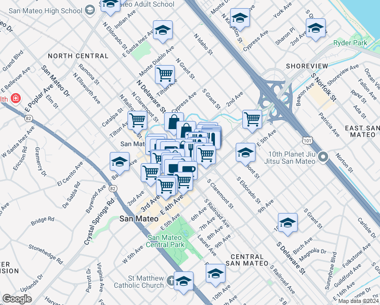 map of restaurants, bars, coffee shops, grocery stores, and more near in San Mateo