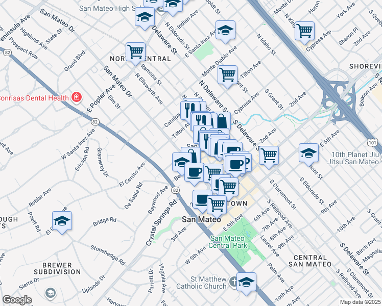 map of restaurants, bars, coffee shops, grocery stores, and more near 22 North San Mateo Drive in San Mateo