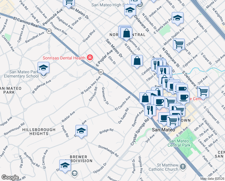 map of restaurants, bars, coffee shops, grocery stores, and more near 30 Mounds Road in San Mateo