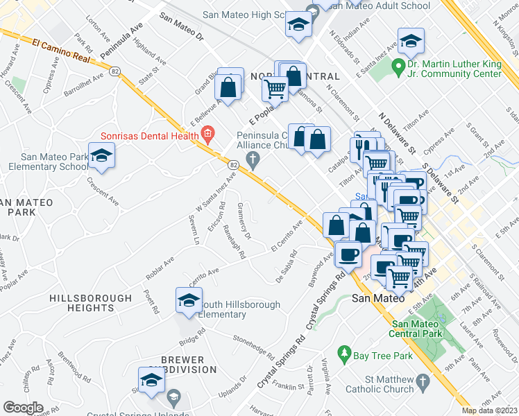 map of restaurants, bars, coffee shops, grocery stores, and more near 30 Mounds Road in San Mateo