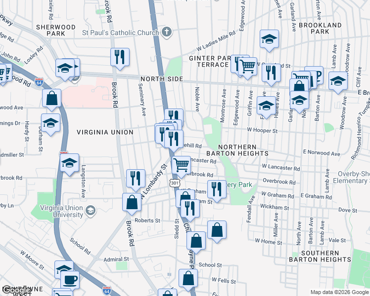 map of restaurants, bars, coffee shops, grocery stores, and more near 819 Edgehill Road in Richmond