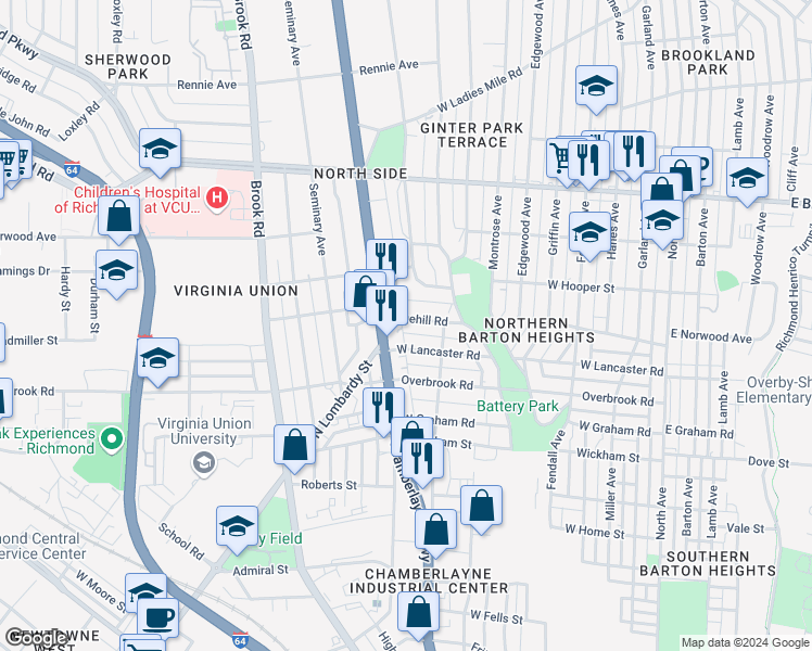 map of restaurants, bars, coffee shops, grocery stores, and more near 819 Edgehill Road in Richmond
