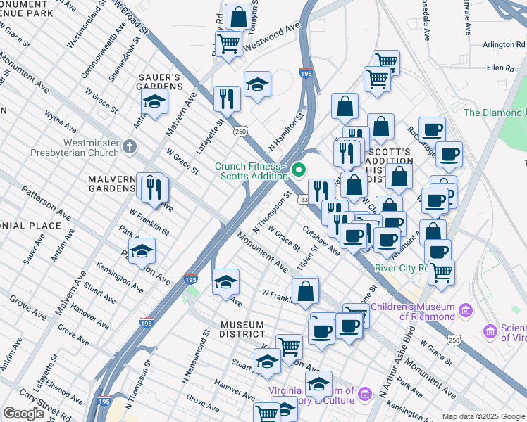 map of restaurants, bars, coffee shops, grocery stores, and more near 1004 North Thompson Street in Richmond