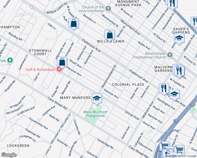 map of restaurants, bars, coffee shops, grocery stores, and more near 4608 Stuart Avenue in Richmond