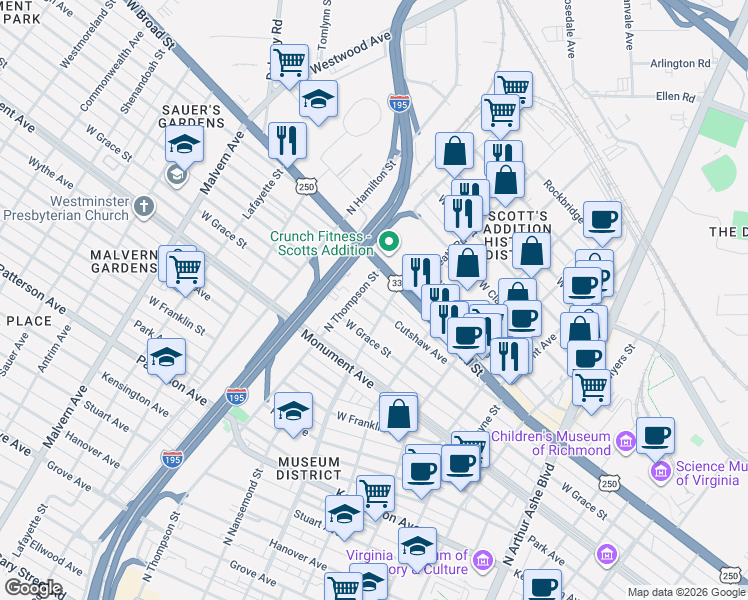 map of restaurants, bars, coffee shops, grocery stores, and more near 3406 Cutshaw Avenue in Richmond