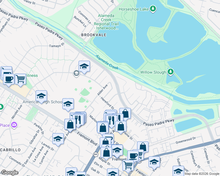 map of restaurants, bars, coffee shops, grocery stores, and more near 3111 Kemper Road in Fremont