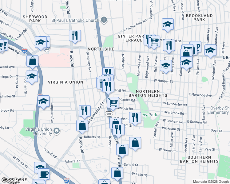map of restaurants, bars, coffee shops, grocery stores, and more near 819 Edgehill Road in Richmond