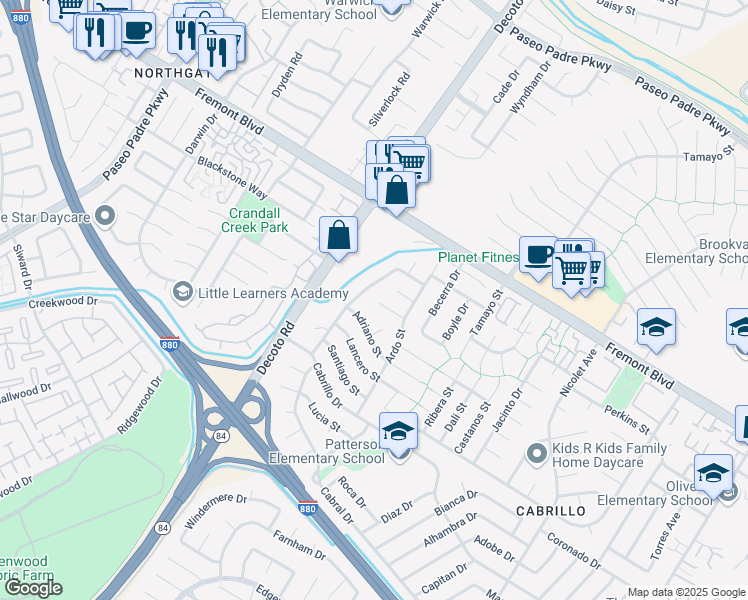 map of restaurants, bars, coffee shops, grocery stores, and more near 35200 Aquado Court in Fremont