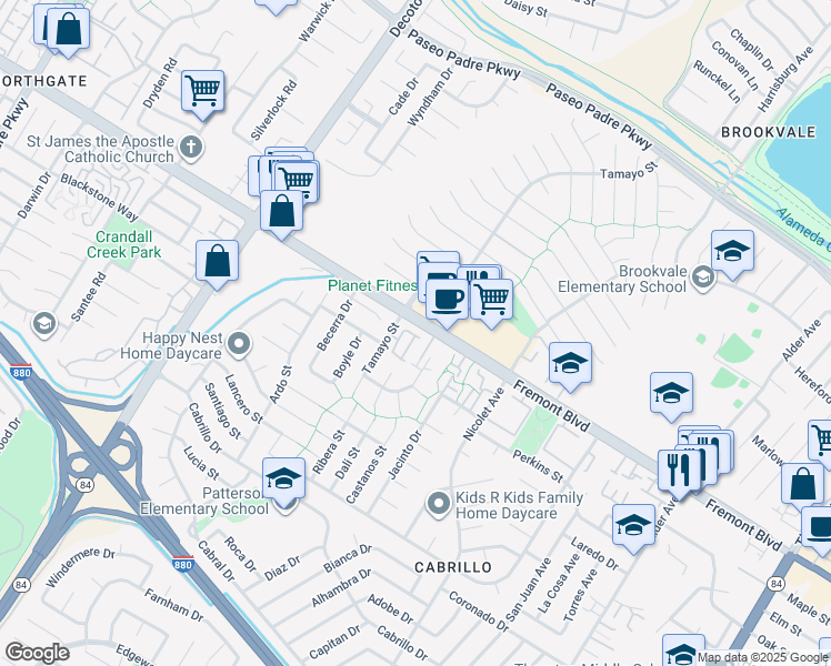 map of restaurants, bars, coffee shops, grocery stores, and more near 35624 McCarty Common in Fremont