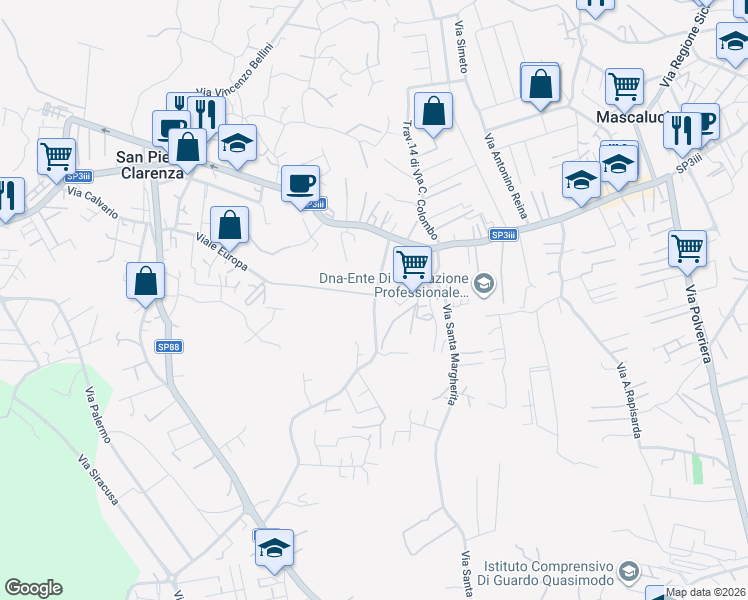 map of restaurants, bars, coffee shops, grocery stores, and more near 1 Via Monteverde in Mascalucia
