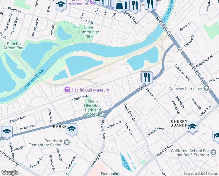 map of restaurants, bars, coffee shops, grocery stores, and more near 919 Mowry Avenue in Fremont